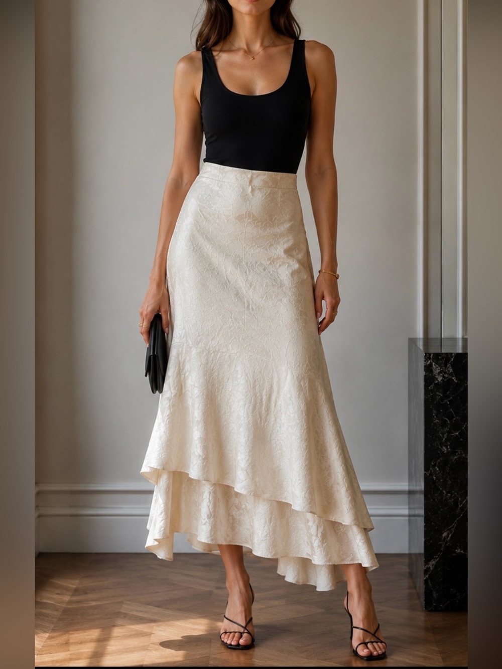 Elegant Cream High-Low Jacquard Skirt 100% silk